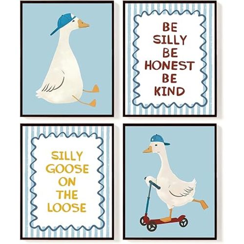 SkyCozy Goose Nursery Wall Art Decor, Funny Blue Scooter Goose Poster & Prints, Whimsical Animal Wall Art for Kids Toddler Boy Nursery Room Bedroom Playroom Decor, 8x10Inch Set of 4 (UNFRAMED)
