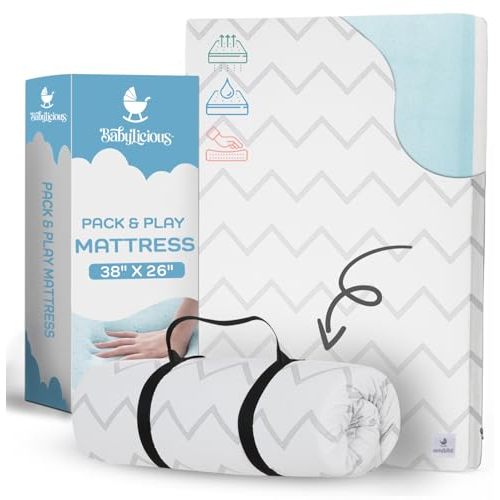Waterproof Pack and Play Mattress Pad - 38" x 26" | Roll Up Style - Breathable Soft Memory Foam - Portable Mattress Topper- Baby Foam Mattresses for Babies - Includes Easy Carry Buckle