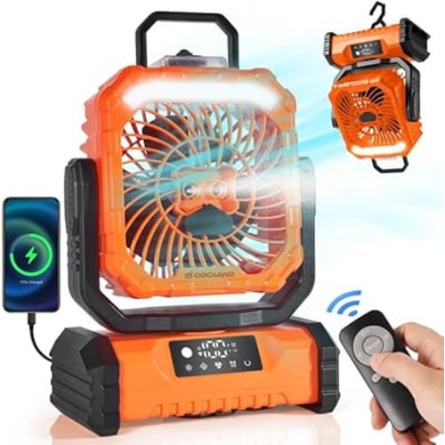 Odoland Portable Misting Fan with Light, 30000mAh Rechargeable Battery Cooling Camping Fan with 2 Spray Mister, USB Tent Fans with Hook for Outdoor, Hiking, Patio, Travel, Beach, Orange