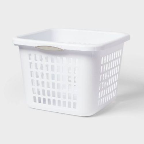 1.5bu Plastic Square Laundry Basket - Brightroom™: Medium White Clothes Hamper With Built-in Handles, Portable Storage