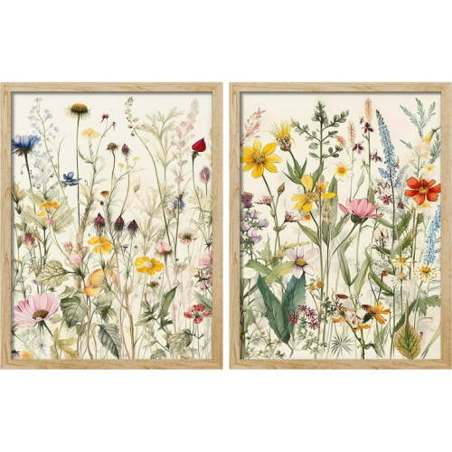 PixonSign Framed Wall Art Colorful Wildflowers Garden Floral Posters, Set of 2 Nature Wilderness Botanical Illustrations Wall Decor, Adhesive Canvas Prints for Home Decor - 12"x16" Natural