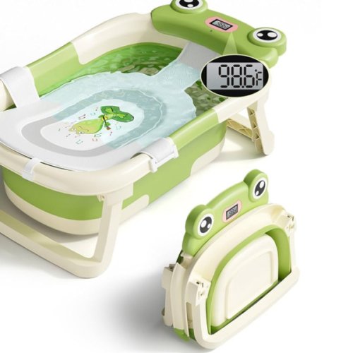Baby Bathtub, Collapsible Newborn Bathtub for Infant to Toddler 0-24 Months with Soft Cushion and Thermometer,Portable Travel Newborn Tub with No-Slip Feet, Baby Shower Gifts,Green
