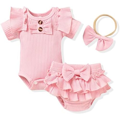Aalizzwell Baby Girls Short Sleeve Bodysuit Bloomer Shorts Ribbed Outfits