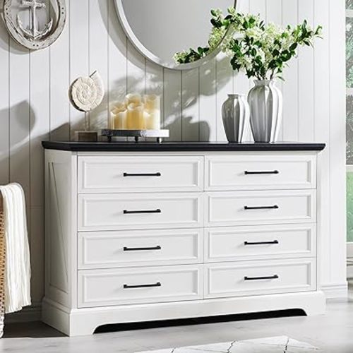 Farmhouse 8 Drawers Dresser Chests for Bedroom,52" Wide Wood Rustic Chest of Drawers with Metal Handle,Natural Texture,Drawer Organizer for Bedroom,Living Room,Hallway and Entryway,White