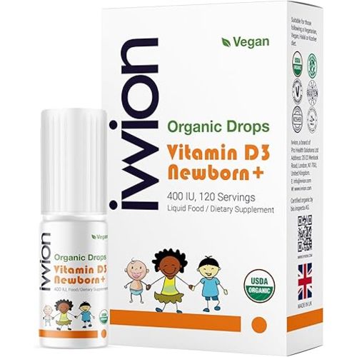 Organic Vegan 400IU, Vitamin D3, 120 Drops – Baby Drop for Infants & Toddlers | USDA Organic, Non-GMO, Plant-Based, No Additives or Preservatives, All Natural, Made in UK