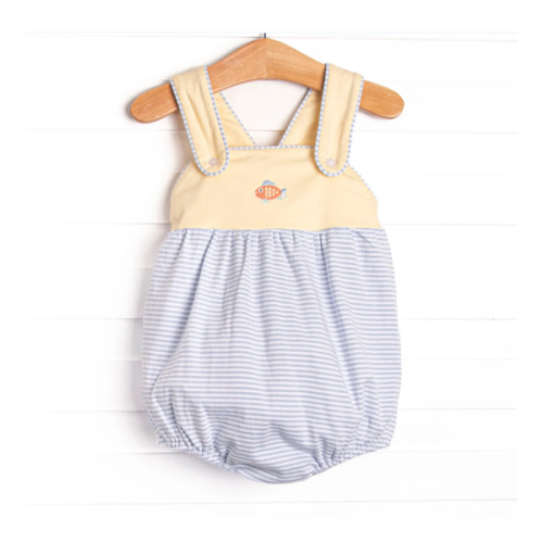 Tiny Fins Pima Embroidered Bubble, Yellow and Blue Stripe – Stitchy Fish