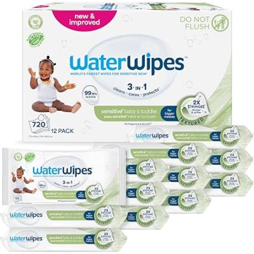 WaterWipes Sensitive+ Baby & Toddler Wipes, 3-In-1 Cleans, Cares, Protects, 99.9% Water, Textured Clean, Unscented & Hypoallergenic, 720 Count (12 Packs)