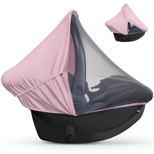 liuliuby Summer Baby Car Seat Cover | 2-in-1 Breathable Carseat Sun Shade & Mosquito Net | UV Protection Lightweight Canopy Covers for Infant Girls | Bug Net Mesh for Warm Weather (Pink)