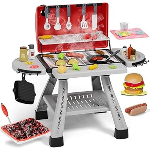 Kids Toys Kitchen Playset, Kids BBQ Grill Playset with Smoke, Sound & Light, Toy Grill for Kids, Pretend Play Food Hamburger, Interactive Toys Barbecue Cooking Game for Toddlers Boys Girls 3-5