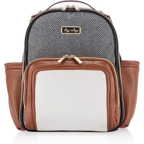Itzy Ritzy Mini Diaper Bag Backpack – Chic, Compact Mini Plus Backpack with Changing Pad, 10 Pockets (6 Internal, 4 External), Grab-Top Handle & Rubber Feet (Coffee & Cream)