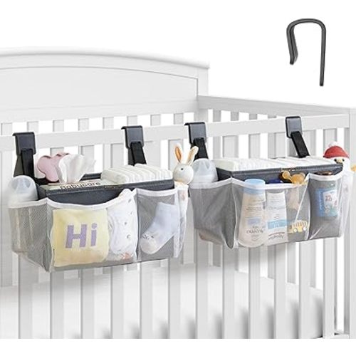 2-Pack Hanging Diaper Organizer for Crib & Changing Table | 50+ Large Capacity Baby Diaper Caddy, Washable Newborn Essentials Organizer for Baby Girl, Ideal Baby Shower Gifts with Hook Straps