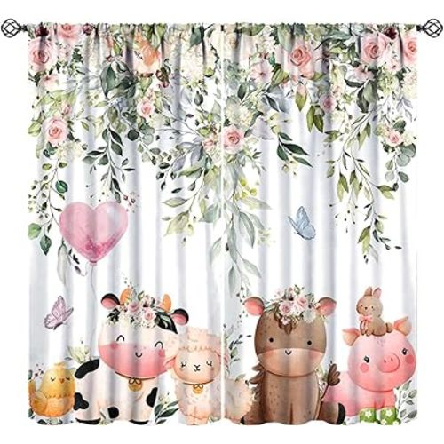 Farm Animals Curtains for Kids, Rustic Farmhouse Green Botanical Herbs Flowers Cartoon Cow Sheep Pig Print Window Treaments for Baby Boys Girls Bedroom, 42x45in (No Blackout)