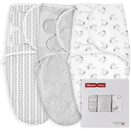 GLLQUEN BABY 3 Pack Newborn Swaddle - Baby Swaddle 0-3 Months for Baby Boys and Grils, Adjustable Sleep Sack for Newborns, Stripes & Bunnies, Swaddling Blankets