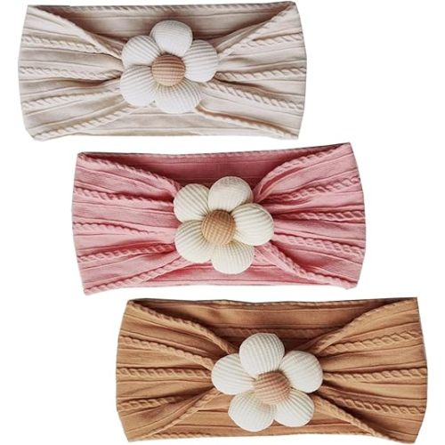 Hjiaruiky 3PCS Baby Girl Bows Baby Headbands Fall Bows for Baby Girls Newborn Handmade Elastic Hair Bows Headbands for Baby Infant Beige Pink (BROWN+BEIGE+PINK)