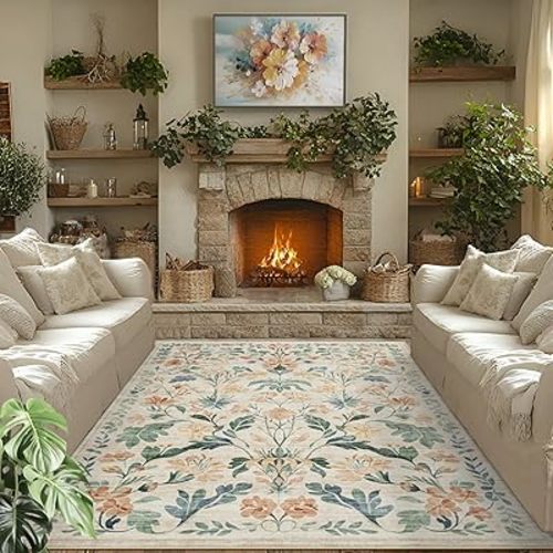 6x9 Area Rugs Washable Rug: Lagre Boho Living Room Rug Soft Non-Slip Thin Carpet Indoor Floor Non-Shedding Neutral Floral Carpets for Bedroom Dining Room Farmhouse Nursery Beige