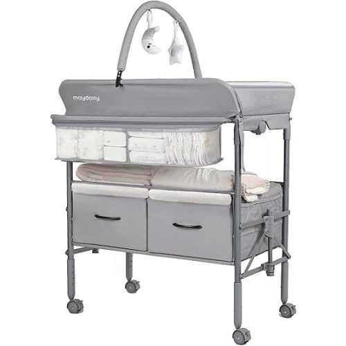 Maydolly Baby Changing Table, Portable Folding Changing Table with Wheels, Waterproof and Adjustable Height, Premium Diaper Changing Station with Two Drawers, Mobile Nursery for Newborn (Grey)