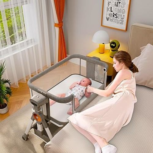 Baby Bassinet Bedside Sleeper,VBSUTO Bedside Bassinet for Infant Newborn with Comfy Mattress, 6 Height Positions, Adjustable Bedside Crib with 360° Swivel Wheels Bassinet for Baby with Storage Basket