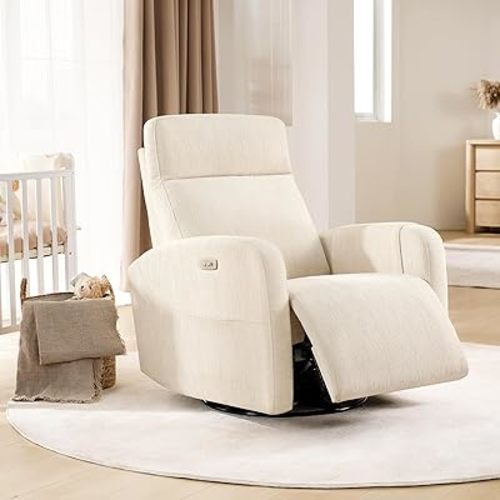 Power Recliner Chair Swivel Glider, Swivel Nursery Glider Recliner, Nursery Rocking Chair with Adjustable Headrest, Nursery Glider Recliner with USB & Type-C Charging Ports, OEKO-TEX Fabric, Beige