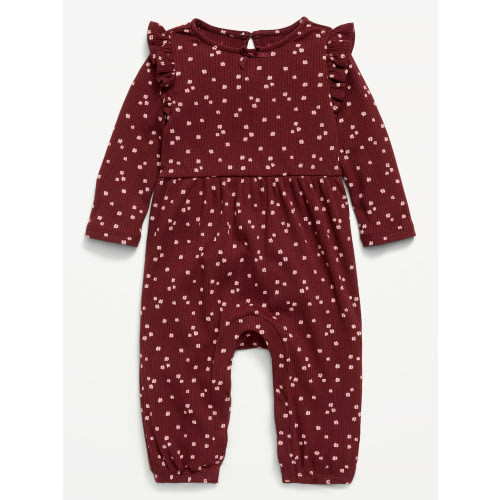 Printed Long-Sleeve Ribbed Ruffle-Trim Jumpsuit for Baby