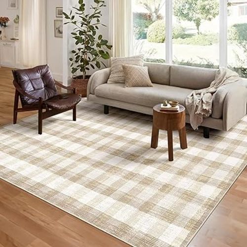 COLORPAPA Checkered Area Rug 5x7, Washable Rugs for Living Room, Modern Neutral Non Slip Indoor Carpet for Bedroom Office Patio Dining Room (Khaki)