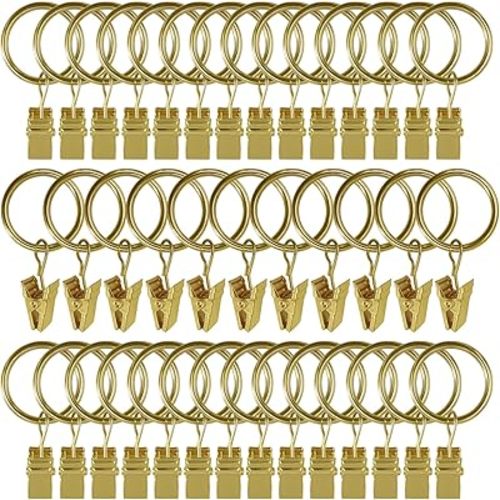 AMZSEVEN 44 Pack Metal Curtain Rings with Clips, Drapery Clips with Rings, Drapes Rings 1 in I D, Fits Diameter 6/8 in Curtain Rod, Gold Color - 1" I D 44 Pack