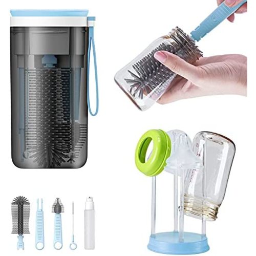 Travel Baby Bottle Drying Rack with Bottle Cleaning Brush Set and Bottle Dryer,Baby Bottle Brush,Nipple Brush and Straw Brush for Baby Bottle Cleaning,Blue