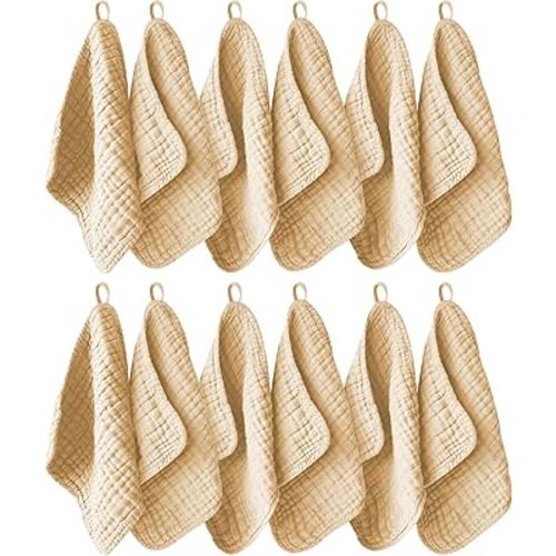 12 Pack Muslin Washcloths for Baby - 100% Cotton Baby Wash Cloths for or Baby Face Body Comfy and Soft for Newborn Infants Kids Girls and Boys - 12"x12" - Brown