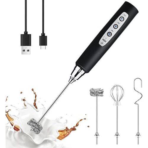 YUSWKO Black Handheld Milk Frother Wand for Coffee, Rechargeable Electric Whisk with 3 Heads 3 Speeds Drink Mixer Coffee Frother For Latte, Cappuccino, Hot Chocolate, Egg