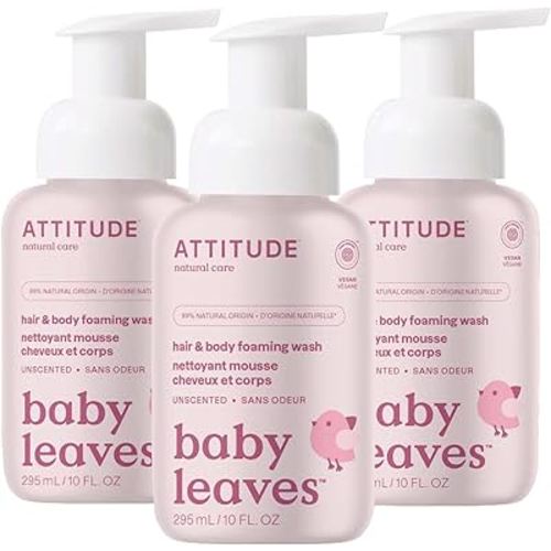 ATTITUDE 2-in-1 Hair and Body Foaming Baby Wash, EWG Verified Shampoo Soap, Dermatologically Tested, Made with Naturally Derived Ingredients, Vegan, Unscented, 10 Fl Oz (Pack of 3)