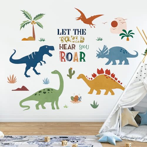 decalmile Boho Dinosaur Wall Decals Dino Palm Tree Wall Stickers Baby Nursery Boys Bedroom Playroom Wall Decor Gifts for Kids