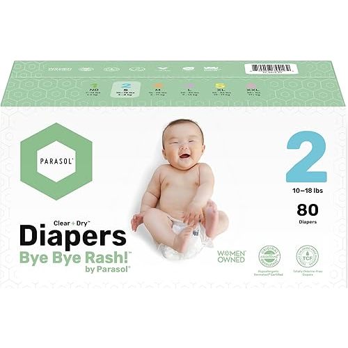 PARASOL Clear+Dry Disposable Diapers | RashShield Protection, Leakproof Design, Hypoallergenic | Size 2, (10-18 lbs) Box of 80 Count