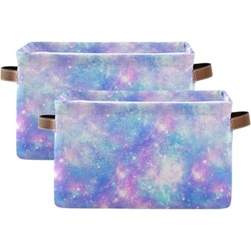 Foldable Storage Baskets Set of 2, Magic Galaxy Star Print Storage Bins with Handles, Decorative Cloth Organizer Storage Boxes for Home|Office 15 x 11 x 9.5 in