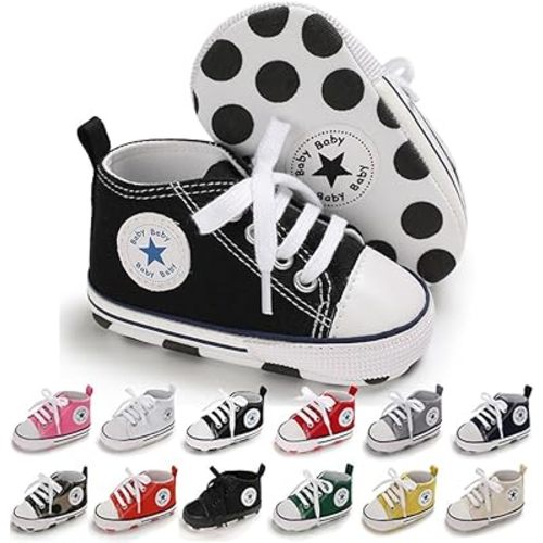 Unisex Baby Soft Sole Sneakers, Canvas Denim High Top, Newborn Infant First Walkers