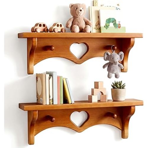 Novabright 2 Pcs Wooden Heart Shelves 16" Vintage Floating Shelf with Hooks Pine Wood Coat Rack Wall Mounted Hanging Shelf for Living Room Bedroom Bathroom Home Decor