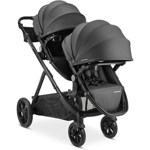 Joovy Qool Double Bundle Double Stroller with Reconfigurable Seats, Magnetic Safety Harness with Padding, UPF 50 Sun Canopy, and Large Storage Basket, Jet