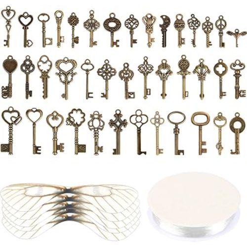 SANNIX Set of 40 Flying Keys Charms, 40PCS Dragonfly Wings 40 DIY Vintage Skeleton Key and Elastic Crystal String for Wedding Party Decorations