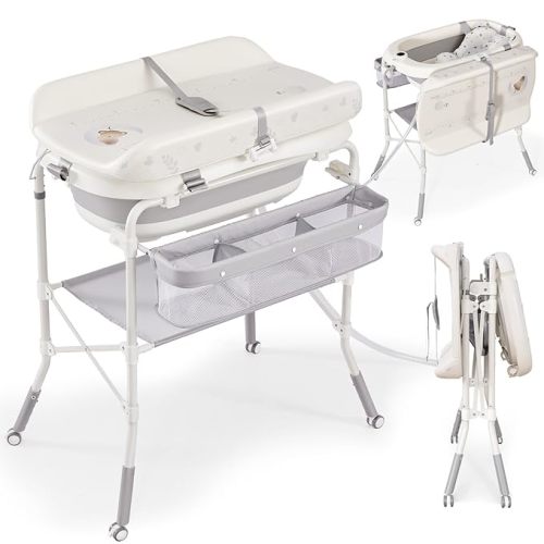 Baby Bathtub with Foldable Changing Table, Standing Infant Bath Tub for Newborn Toddler Shower, Portable Diaper Changing Station with Stand