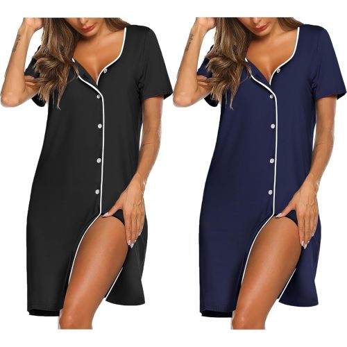 Ekouaer Nightgowns for Women 2 Pack Button Down Sleepshirt Short Sleeve Nightshirt Soft Sleepwear V Neck Pajama Dress
