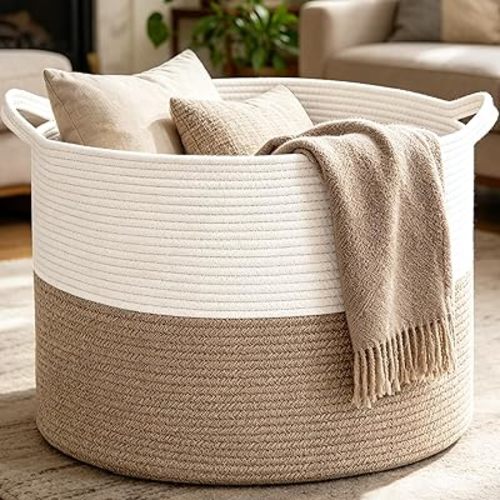 Large Woven Blanket Basket,65L Cotton Rope Laundry Basket Hamper with Handles, Decorative Nursery Basket Storage Bin for Toys, Clothes Organizer, Living Room, Bedroom, Bathroom, White & Brown