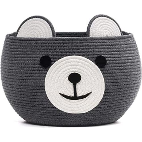 CherryNow Cotton Rope Baby Cute Storage Basket for Organizing, Toy Woven Rope Bear Basket for Kids, Empty Gift Baskets with Handles, Grey, 15.7" D x 10.5" H