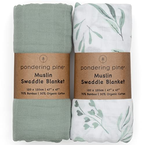 Muslin Swaddle Blankets, Eucalyptus Leaves and Sage, 2 Pack