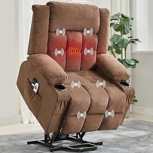 Large Power Lift Recliner Chair for Elderly Overstuffed Wide Electric Lift Chair with Heat and Massage for Big and Tall Adults Reclining Sofa Chair with 2 Cup Holders, Side Pocket, USB Port, Brown