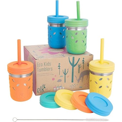 Elk and Friends Stainless Steel Cups | 10 oz Mason Jar design | Kids & Toddler Cups with Silicone Sleeves & Straws with Stopper | Smoothie Cups