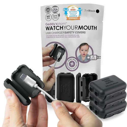 Geddy´s Mom Watch Your Mouth - The Award Winning Child Safety USDB Port Plug Cover| BPA & Phthalate-Free Charger Protector | Electrical Safety Baby Products (3-Pack, Black)