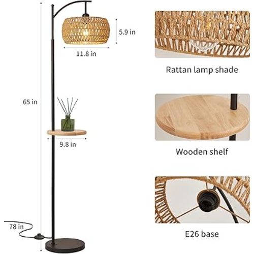 Boho Floor Lamp, Rattan Floor Lamp with Shelf, Bohemian Bamboo Wicker Coastal Rustic Farmhouse Woven Tropical Wood Tall Standing Lamp with Table for Living Room Bedroom