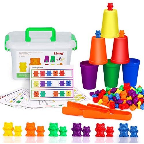 Bmag Counting Bears with Matching Sorting Cups,Number Color Recognition STEM Educational Toy for Toddler, Pre-School Learning Toy with 90 Bears,2 Tweezers,11 Activity Cards,1 Storage Box