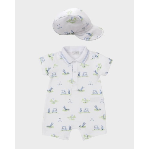 Boy's Fairway Foursome Short Playsuit and Hat Set, Size 0M-9M