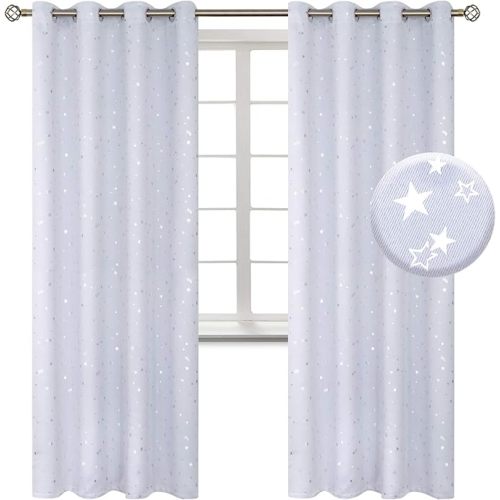 BGment Kids Room Curtains for Bedroom - Grommet Thermal Insulated Silver Star Print Room Darkening Curtains for Living Room, Set of 2 Panels, 52 x 72 Inch, Greyish White