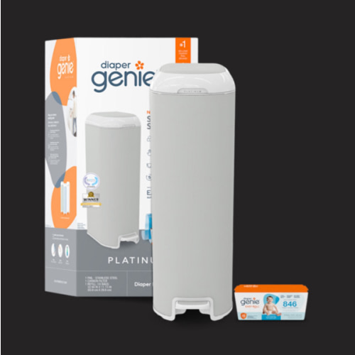 Diaper Genie Platinum Pail (Stone Grey) is Made in Durable Stainless Steel and Includes 1 Easy Roll Refill with 18 Bags That can Last up to 5 Months.