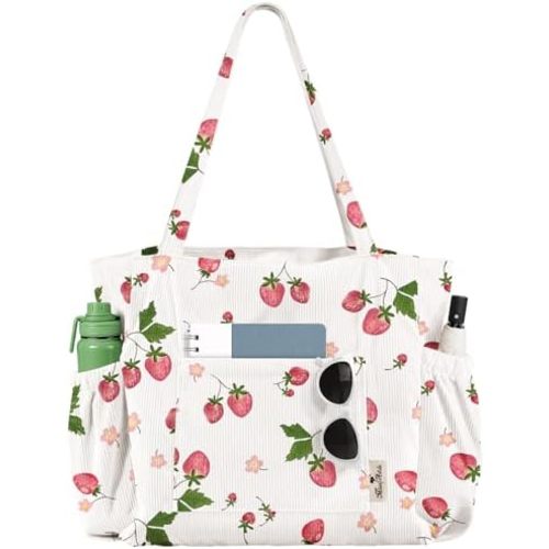 Large Corduroy Tote Bag for Women - Cute Shoulder Reusable Canvas Bags with Zipper Multi-Pocket for School